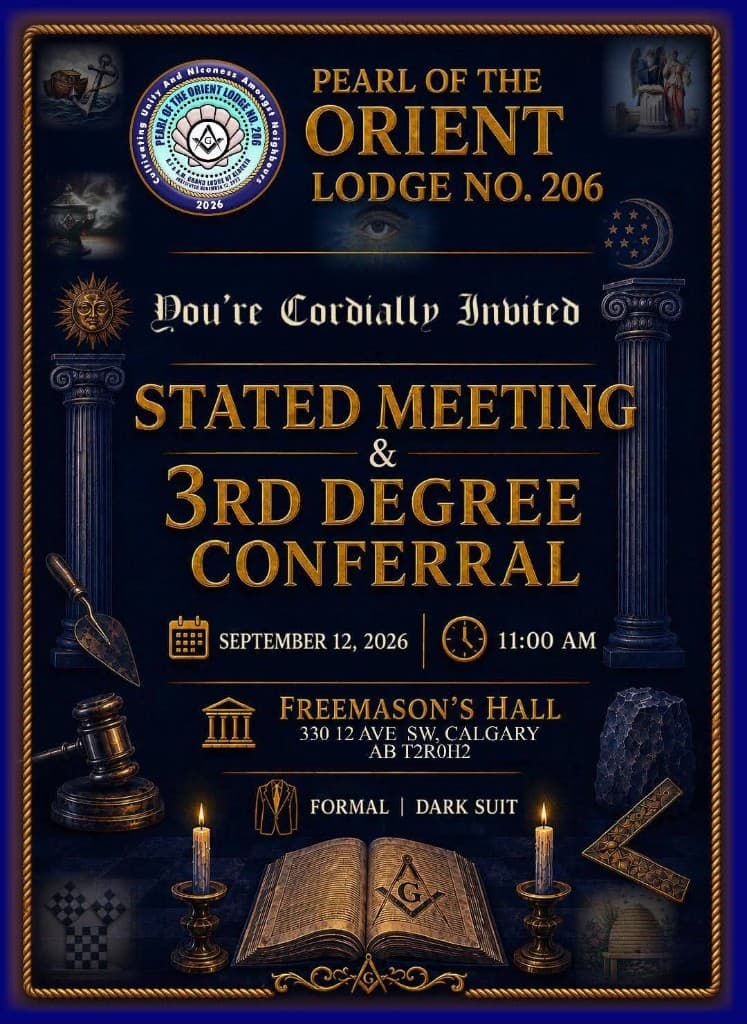 Invitation for Pearl of the Orient Lodge No. 206 stated meeting and 3rd degree conferral on September 12, 2026 at 11:00 AM at Freemason's Hall, 330 12 Ave SW, Calgary.