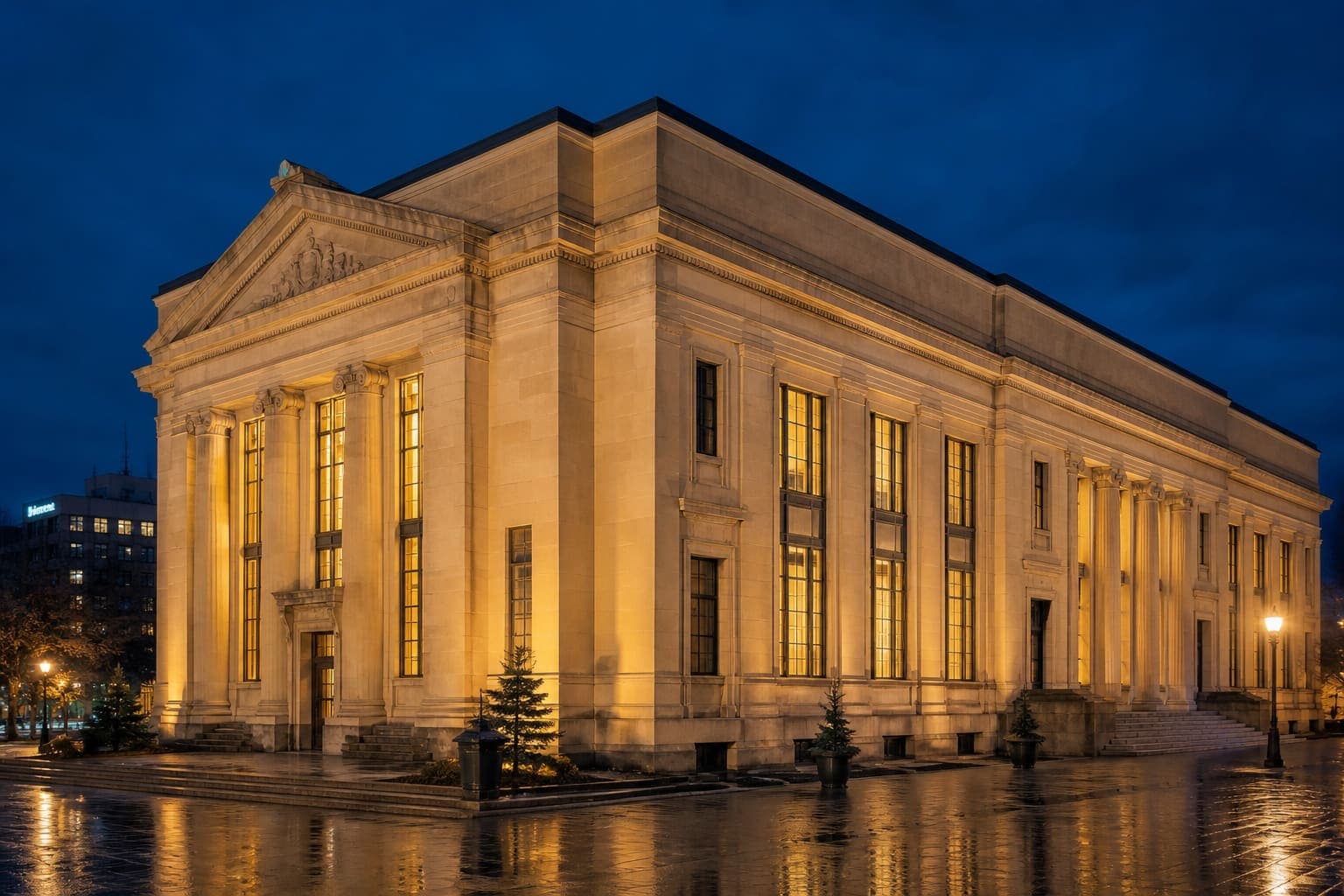 Historic sandstone architecture at twilight